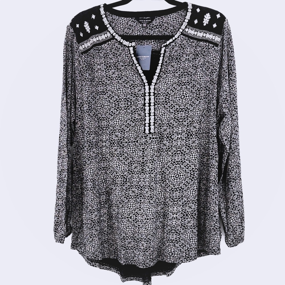 Lucky Brand NWT 2X Whimsigoth Embroidered Damask Peasant Tunic Black White Boho